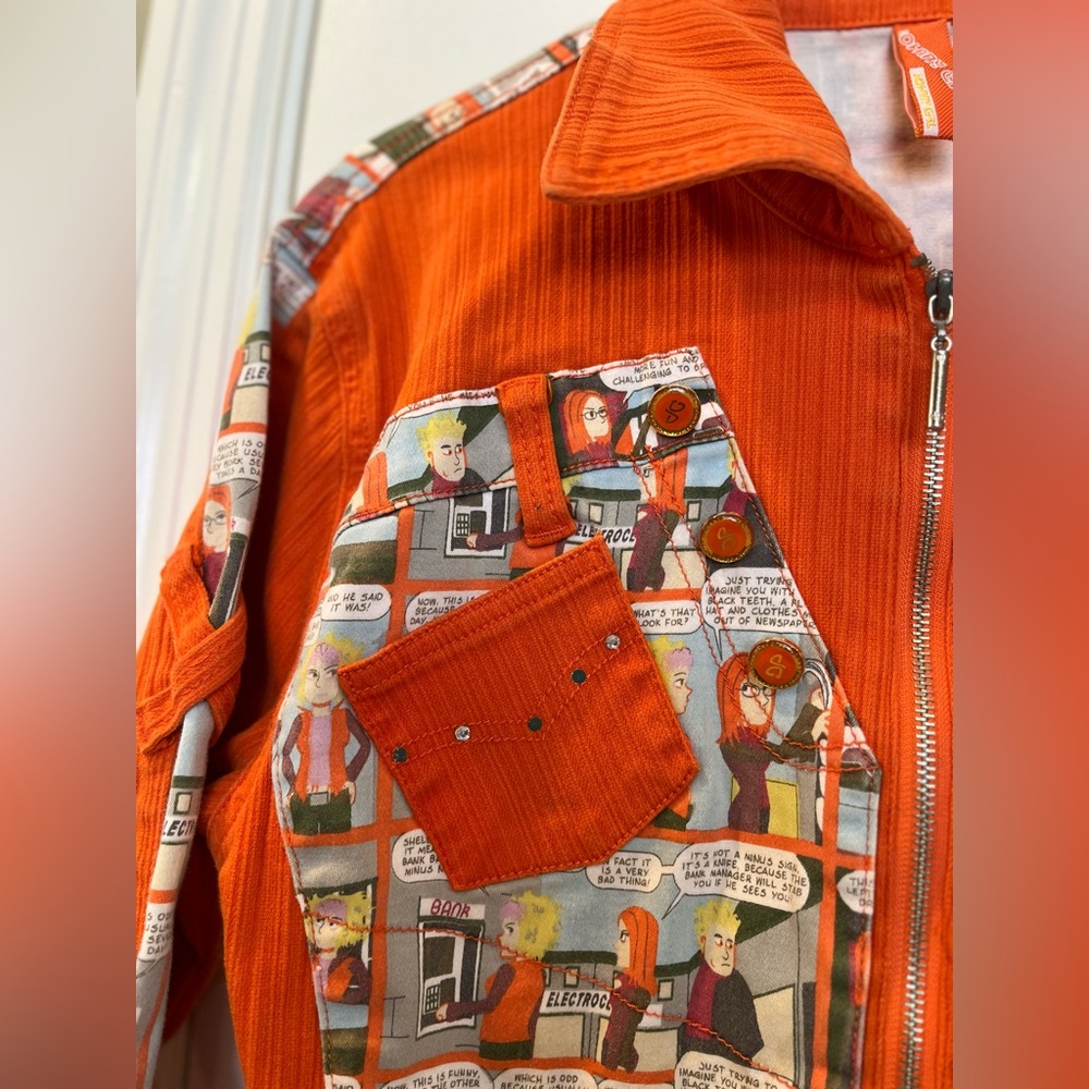 Vintage Johnny Girl 100% cotton Orange Jacket with Graphic Panels (Read) bin7 - Picture 2 of 8